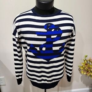 The Limited sweater, sz L, striped white/nevy  sailing anchor,wool blend.